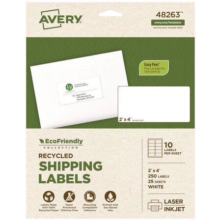 Avery EcoFriendly Mailing Labels, Inkjet/Laser Printers, 2 x 4, White, PK250 48263